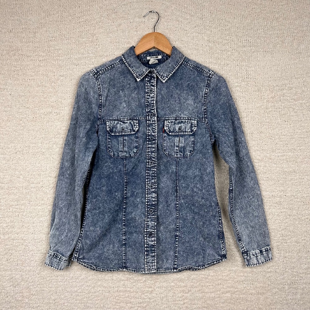 Levis Shirt Womens Medium Blue Denim Acid‎ Washed Long Sleeves Button Up Western